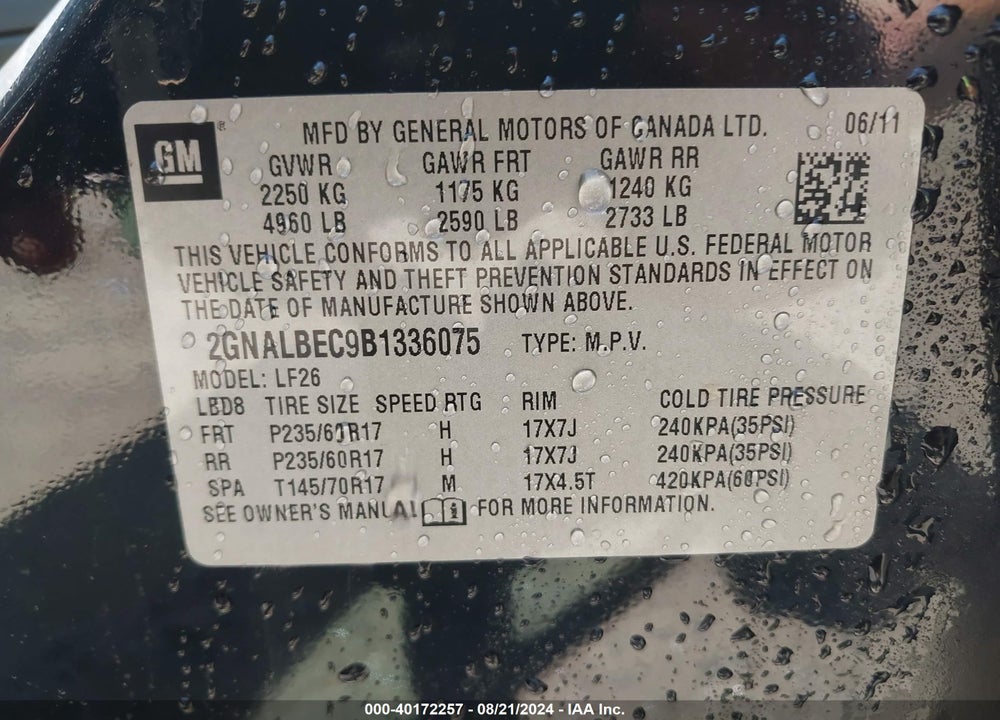 2011 CHEVROLET EQUINOX LS VIN: 2GNALBEC9B1336075
