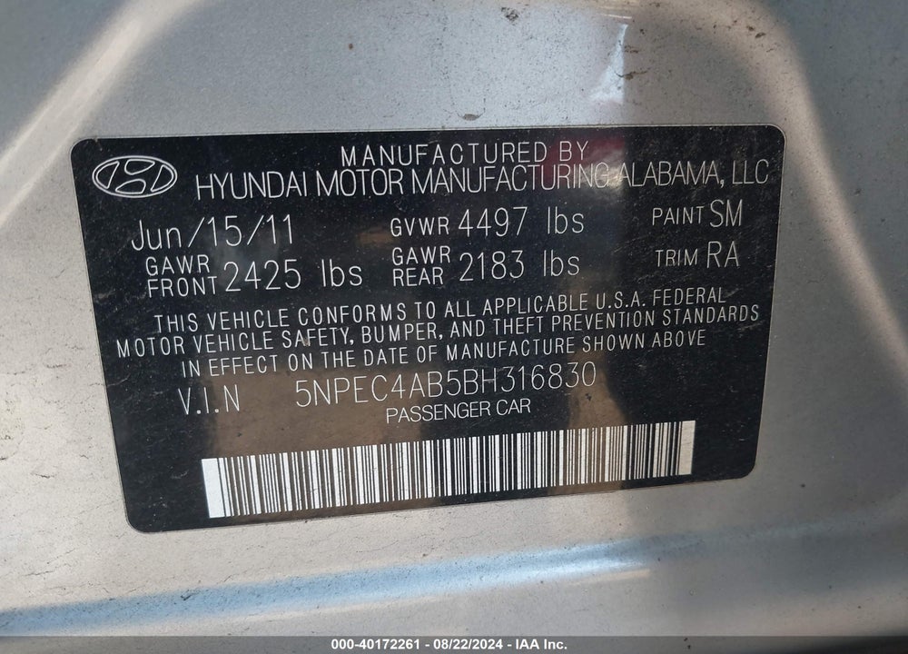 2011 HYUNDAI SONATA SE 2.0T VIN: 5NPEC4AB5BH316830