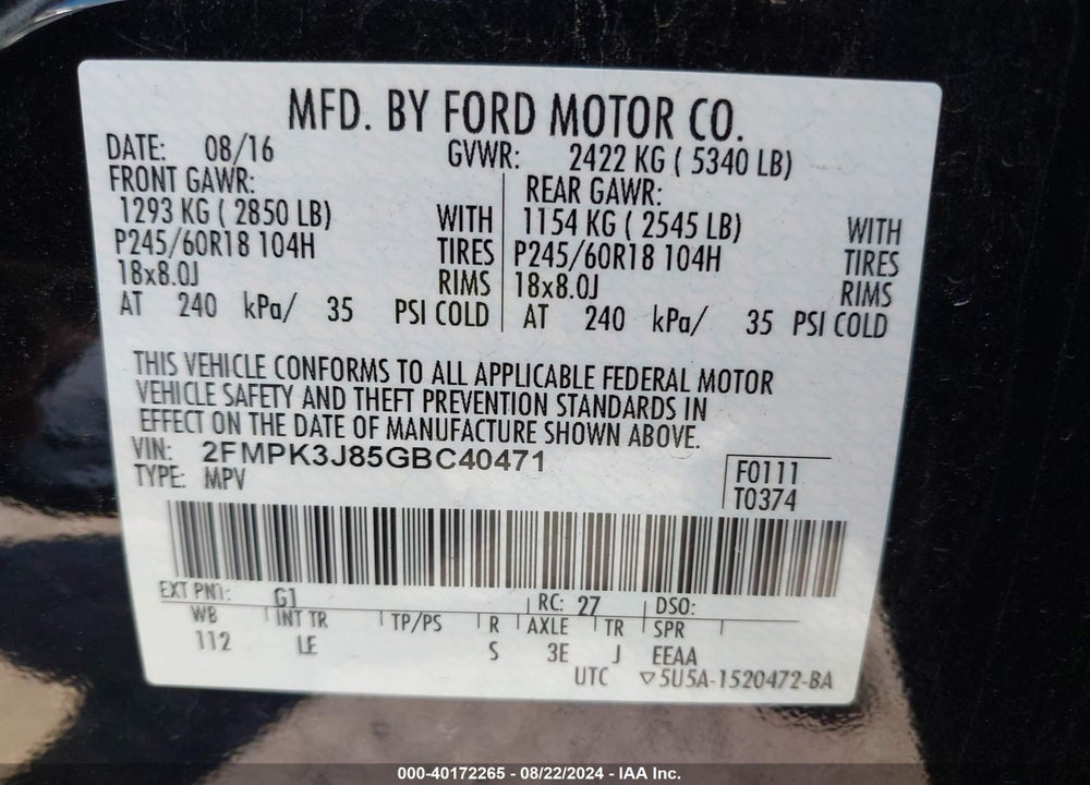 2016 FORD EDGE SEL VIN: 2FMPK3J85GBC40471