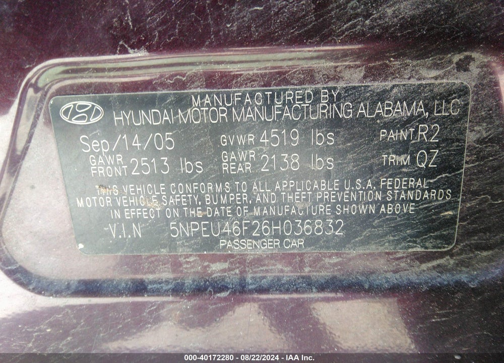 2006 HYUNDAI SONATA GLS V6/LX V6 VIN: 5NPEU46F26H036832