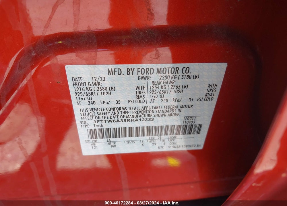 2024 FORD MAVERICK XL VIN: 3FTTW8A38RRA12333