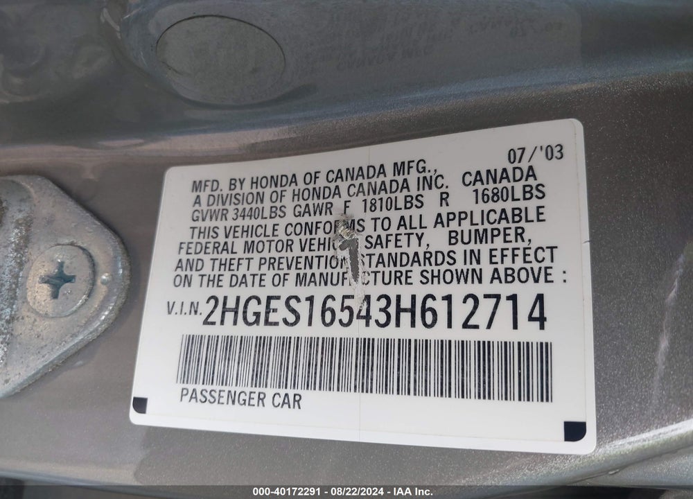 2003 HONDA CIVIC LX VIN: 2HGES16543H612714
