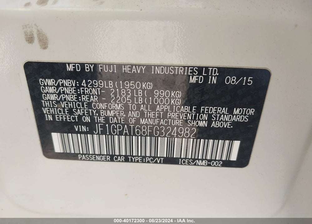 2015 SUBARU IMPREZA 2.0I SPORT PREMIUM VIN: JF1GPAT68FG324982