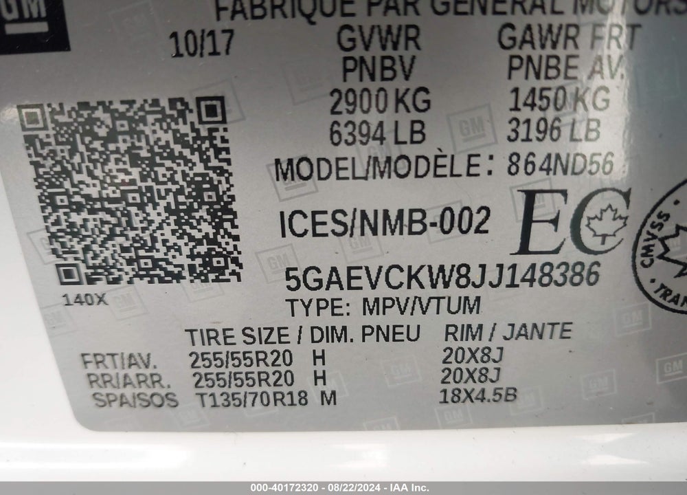 2018 BUICK ENCLAVE AVENIR VIN: 5GAEVCKW8JJ148386