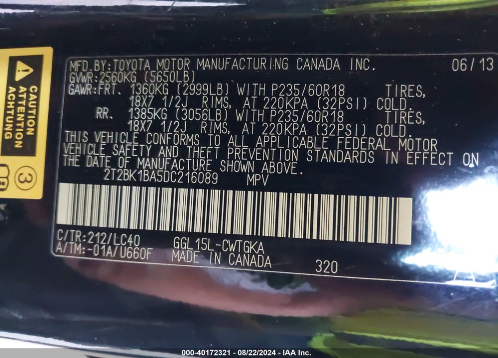 2013 LEXUS RX 350 VIN: 2T2BK1BA5DC216089