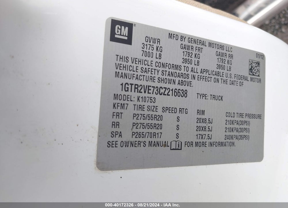2012 GMC SIERRA 1500 SLE VIN: 1GTR2VE73CZ216638