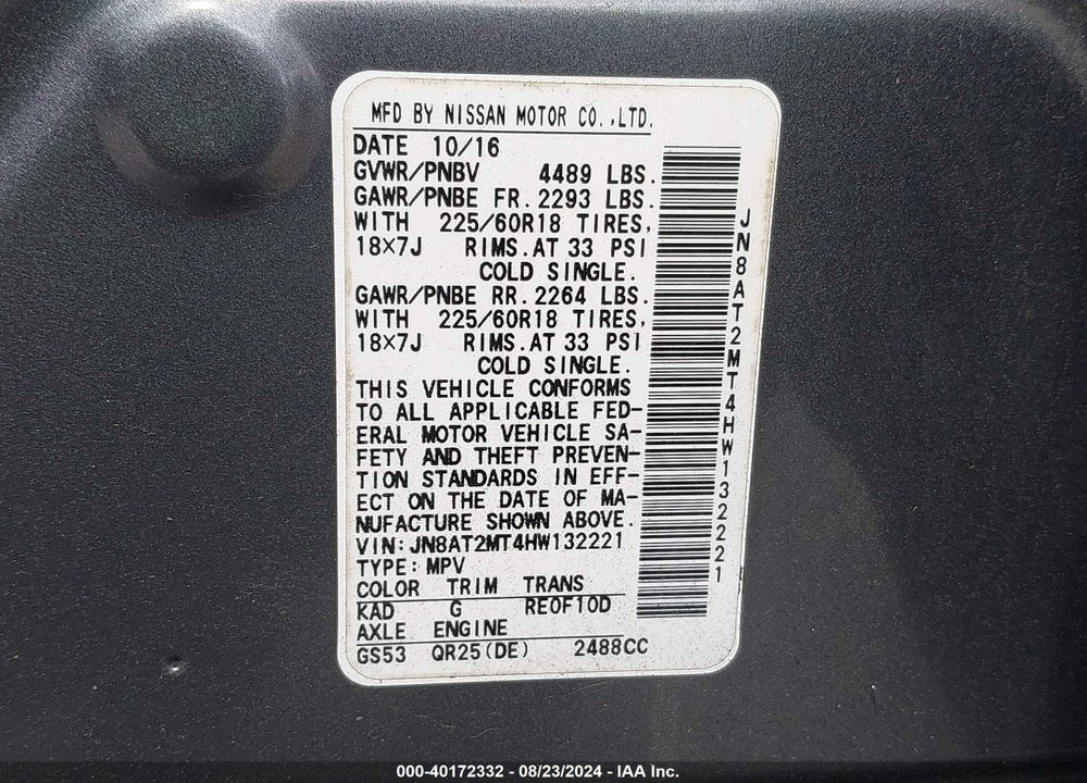2017 NISSAN ROGUE SL VIN: JN8AT2MT4HW132221
