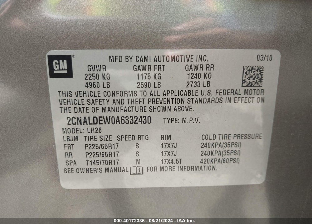 2010 CHEVROLET EQUINOX LT VIN: 2CNALDEW0A6332430
