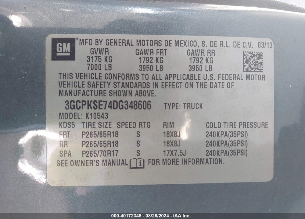 2013 CHEVROLET SILVERADO 1500 LT VIN: 3GCPKSE74DG348606