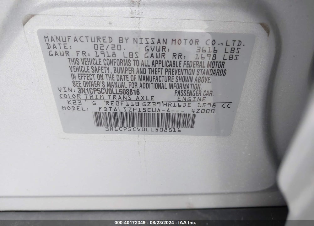 2020 NISSAN KICKS SV XTRONIC CVT VIN: 3N1CP5CV0LL508816