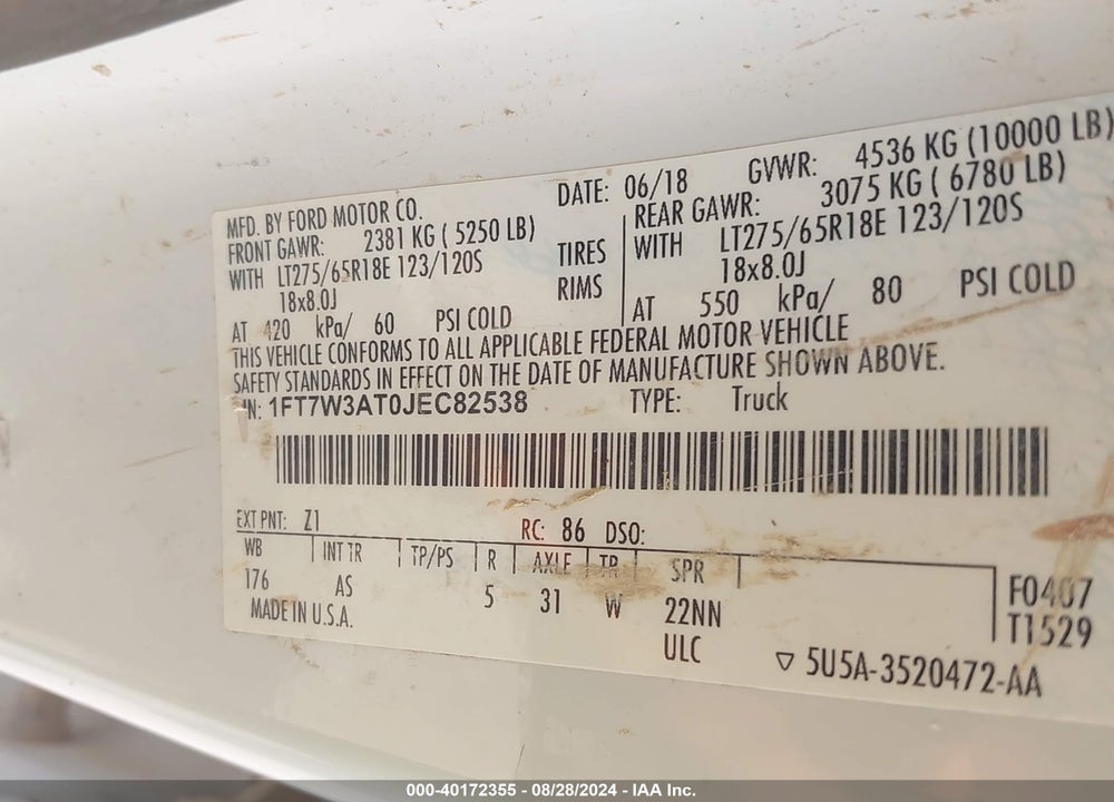 2018 FORD F-350 XL VIN: 1FT7W3AT0JEC82538