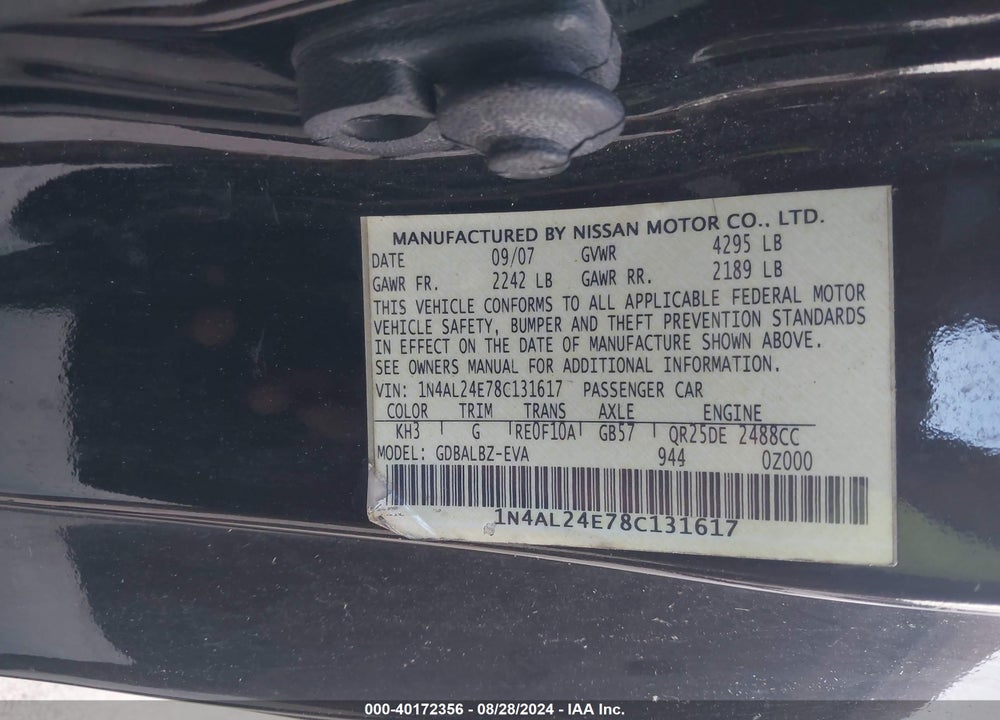 2008 NISSAN ALTIMA 2.5 S VIN: 1N4AL24E78C131617