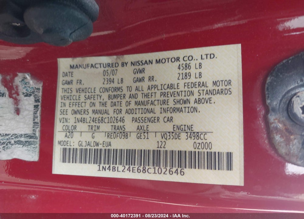 2008 NISSAN ALTIMA 3.5 SE VIN: 1N4BL24E68C102646