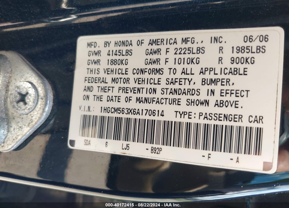 2006 HONDA ACCORD VIN: 1HGCM563X6A170614