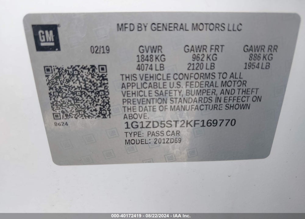 2019 CHEVROLET MALIBU LT VIN: 1G1ZD5ST2KF169770