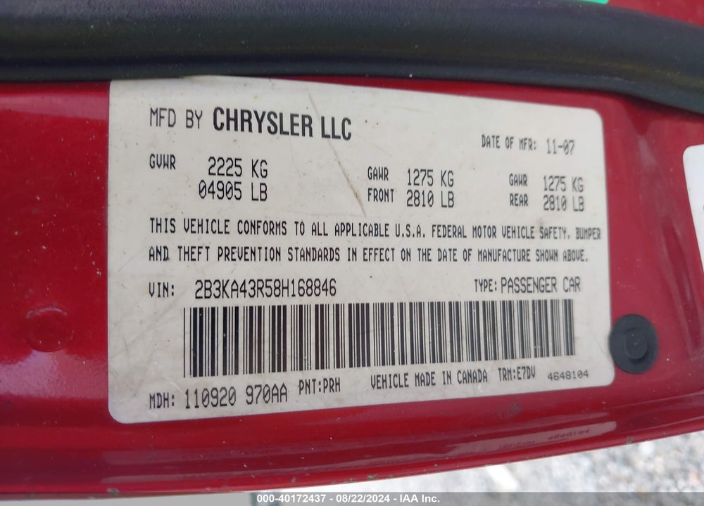 2008 DODGE CHARGER VIN: 2B3KA43R58H168846