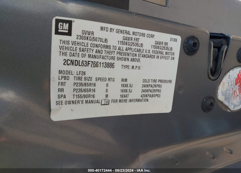 2006 CHEVROLET EQUINOX LT VIN: 2CNDL63F766113886