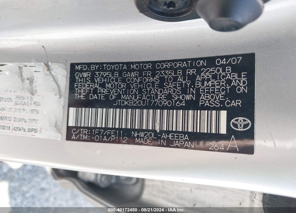 2007 TOYOTA PRIUS VIN: JTDKB20U177090164