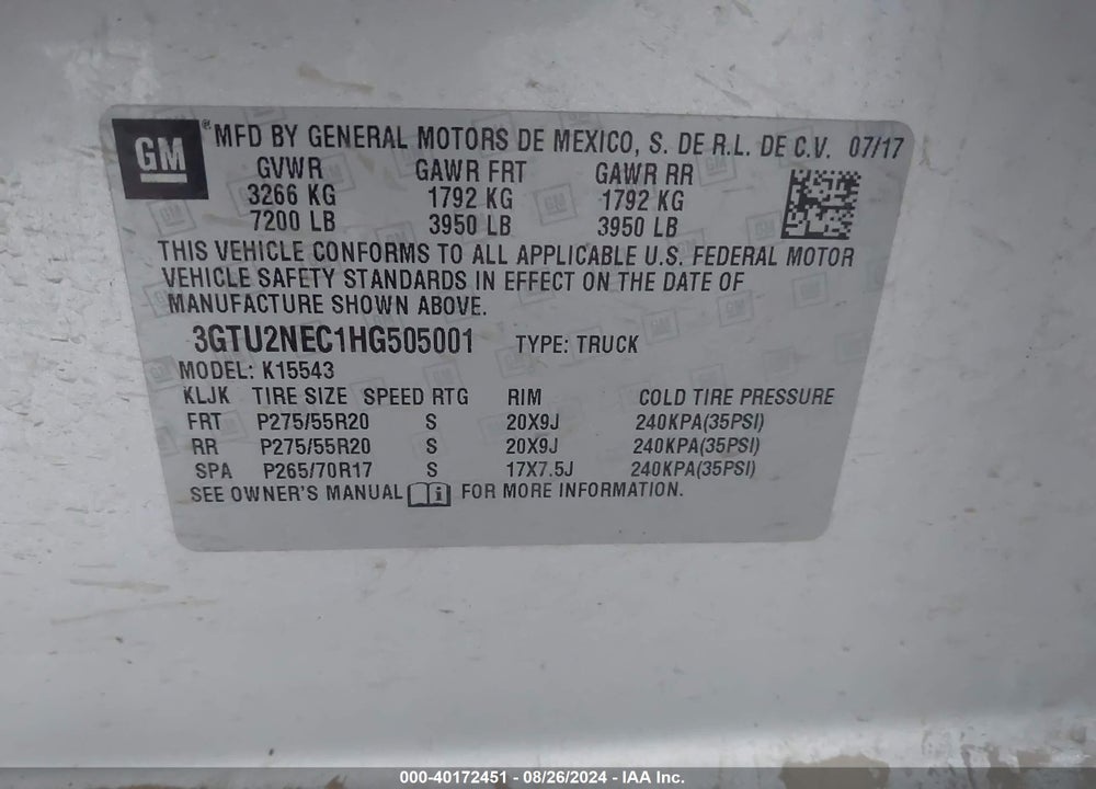 2017 GMC SIERRA 1500 SLT VIN: 3GTU2NEC1HG505001