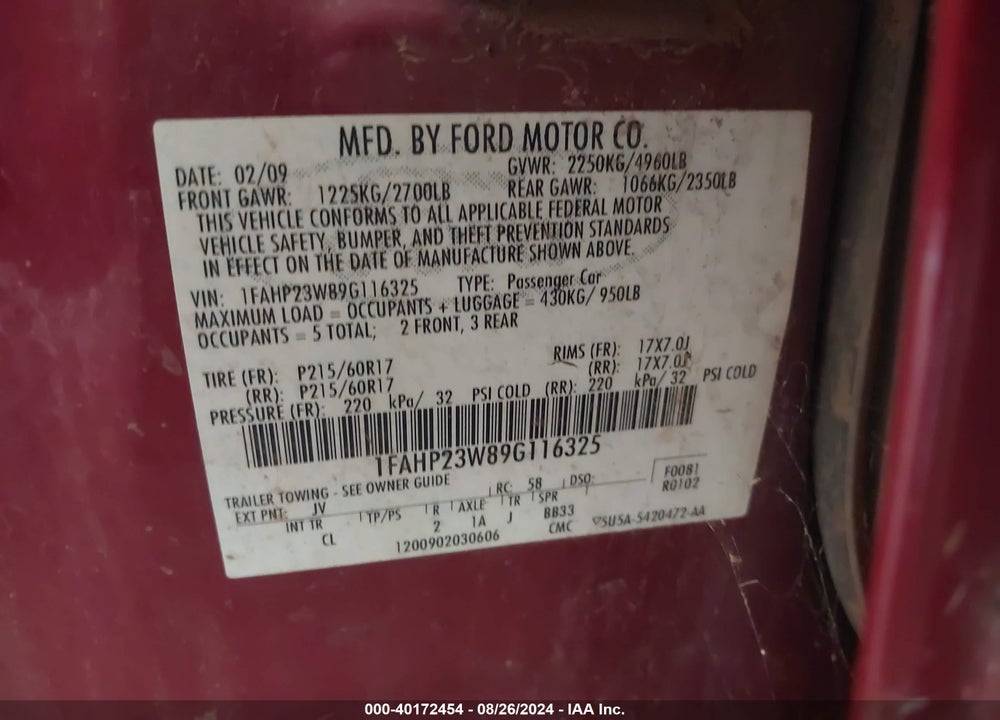 2009 FORD TAURUS SE VIN: 1FAHP23W89G116325