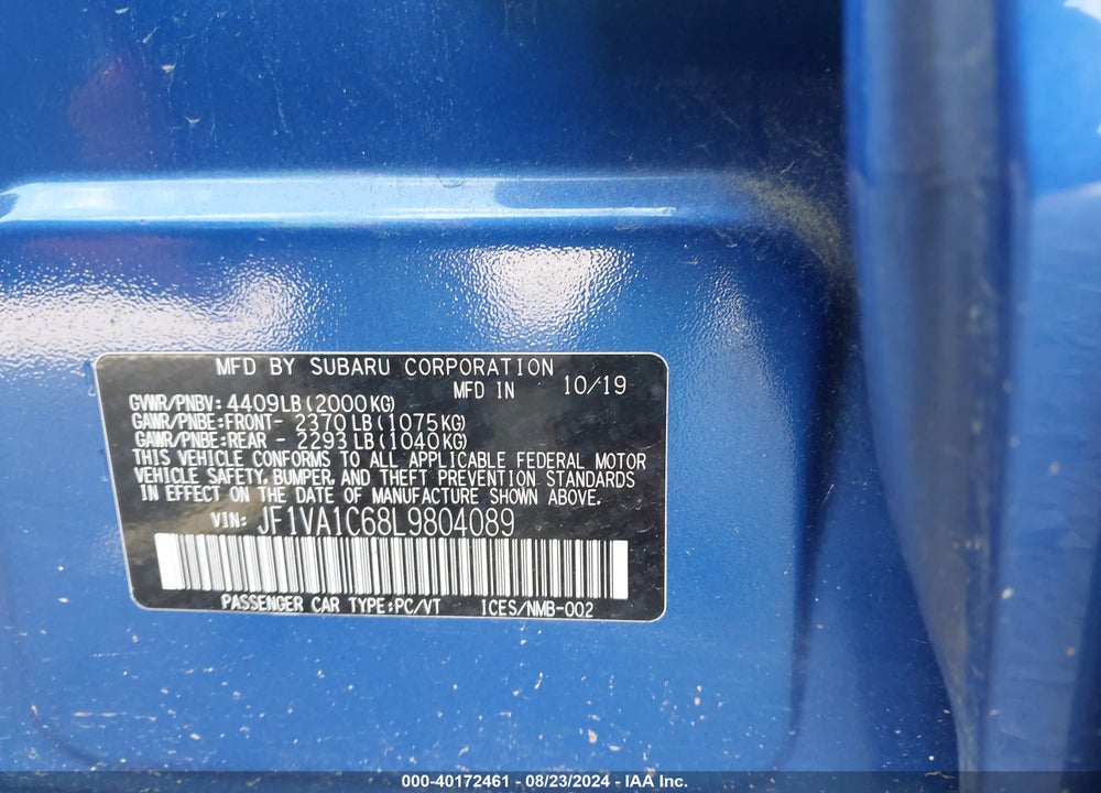 2020 SUBARU WRX PREMIUM VIN: JF1VA1C68L9804089