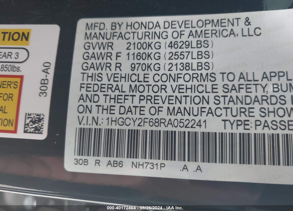2024 HONDA ACCORD HYBRID EX-L VIN: 1HGCY2F68RA052241