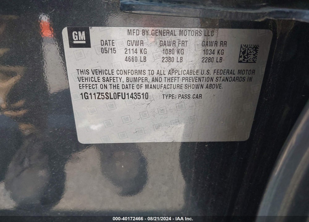 2015 CHEVROLET IMPALA LS VIN: 1G11Z5SL0FU143510