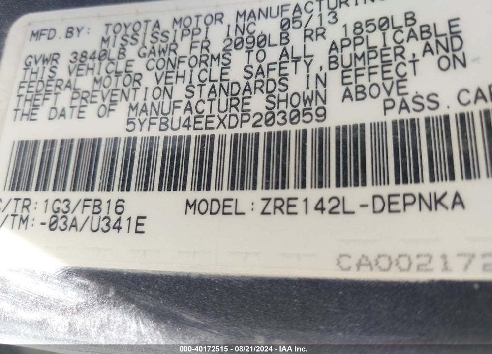 2013 TOYOTA COROLLA LE VIN: 5YFBU4EEXDP203059