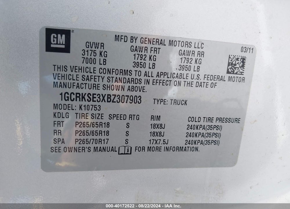 2011 CHEVROLET SILVERADO 1500 LT VIN: 1GCRKSE3XBZ307903