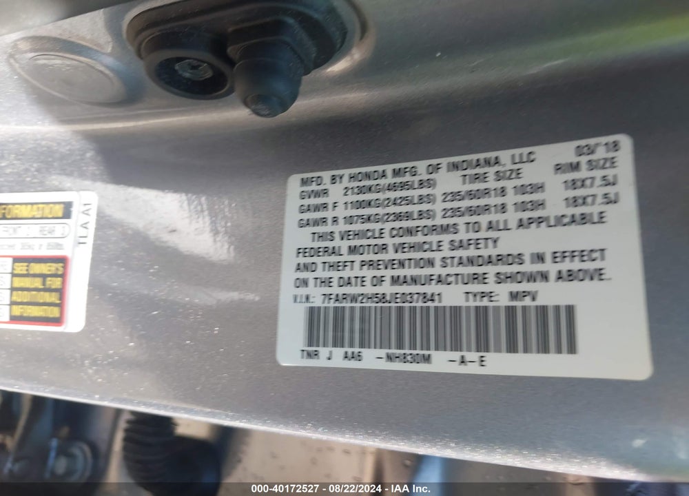2018 HONDA CR-V EX VIN: 7FARW2H58JE037841