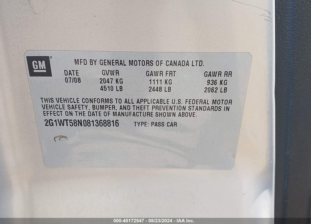 2008 CHEVROLET IMPALA LT VIN: 2G1WT58N081368816