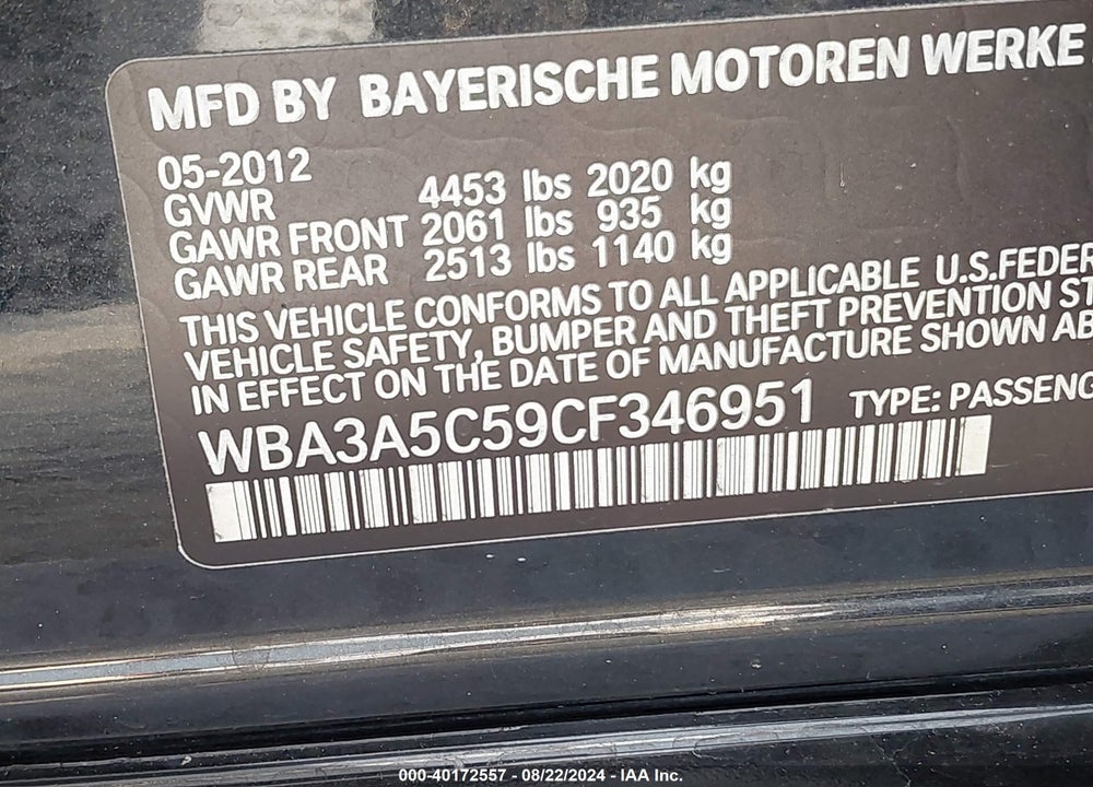 2012 BMW 328I VIN: WBA3A5C59CF346951