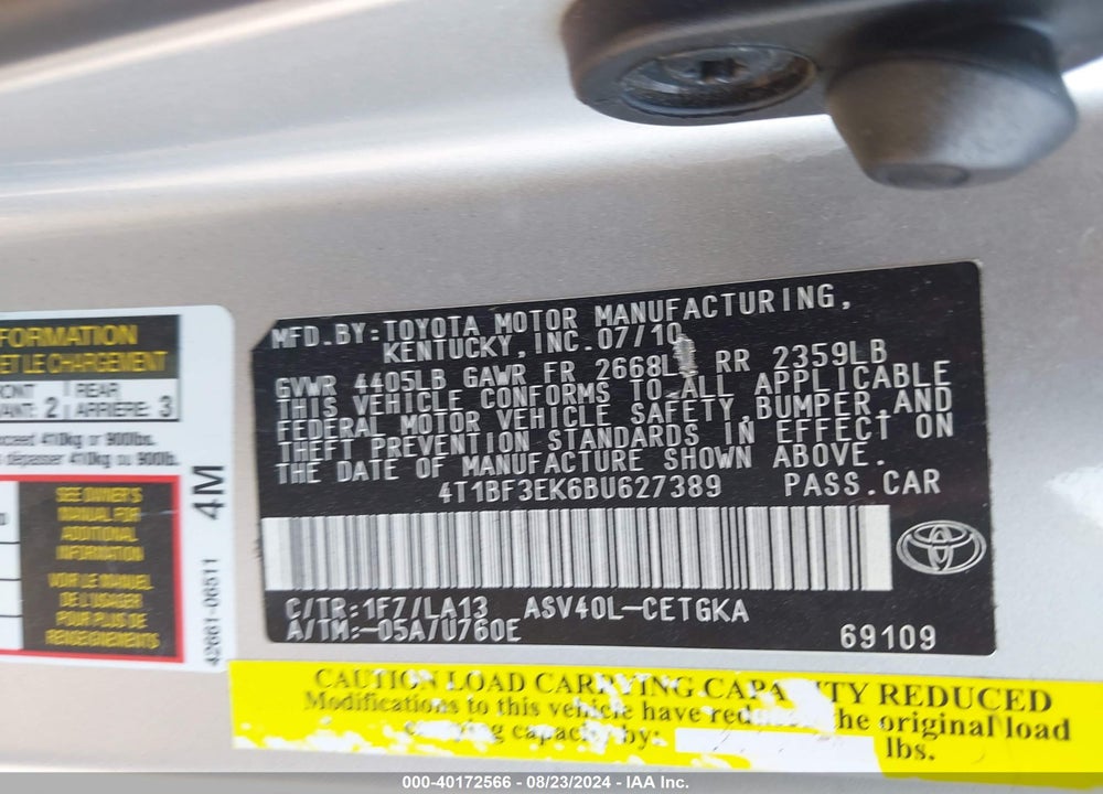 2011 TOYOTA CAMRY XLE VIN: 4T1BF3EK6BU627389