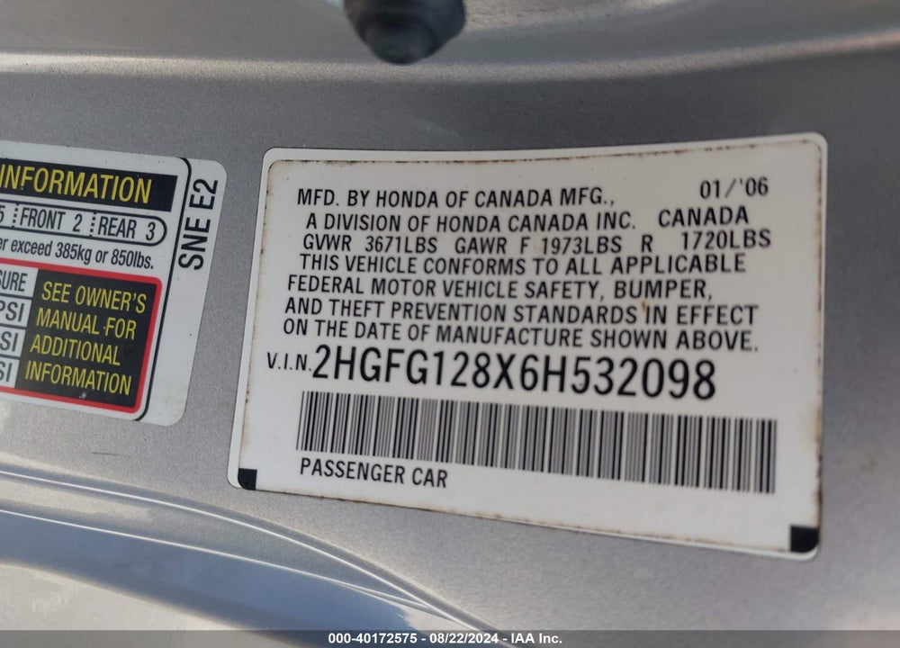2006 HONDA CIVIC EX VIN: 2HGFG128X6H532098