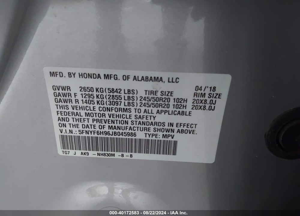 2018 HONDA PILOT TOURING VIN: 5FNYF6H96JB045986