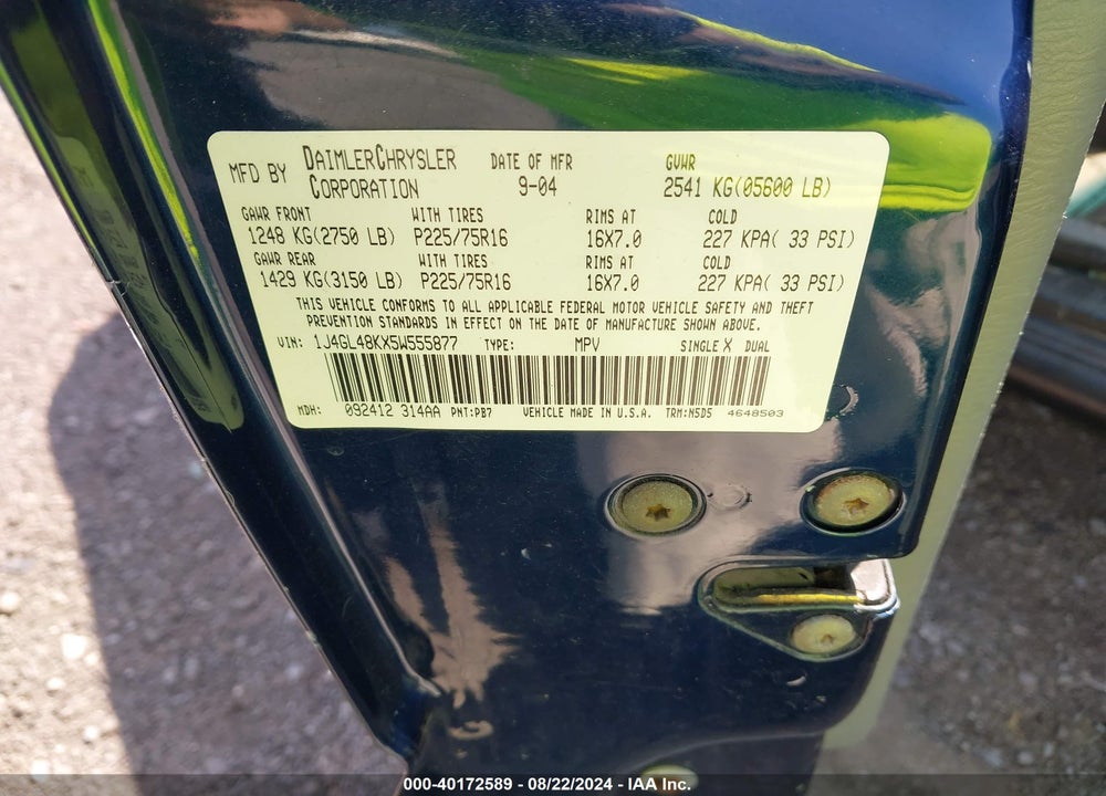 2005 JEEP LIBERTY SPORT VIN: 1J4GL48KX5W555877