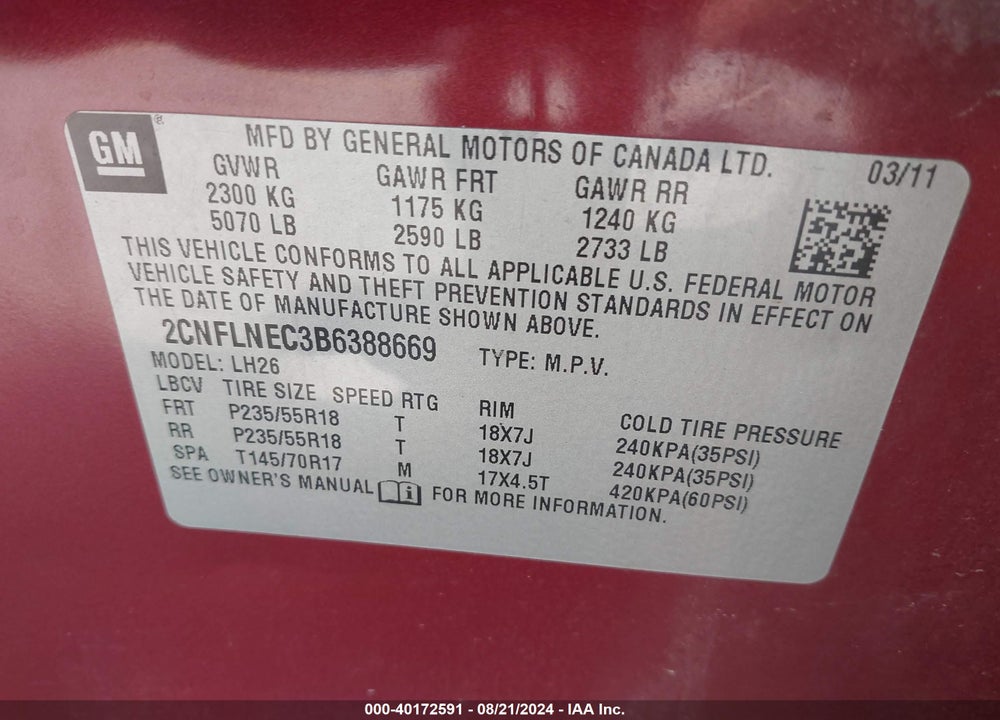 2011 CHEVROLET EQUINOX 2LT VIN: 2CNFLNEC3B6388669