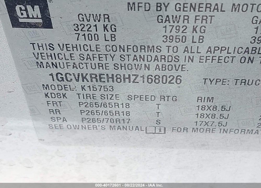 2017 CHEVROLET SILVERADO 1500 1LT VIN: 1GCVKREH8HZ168026