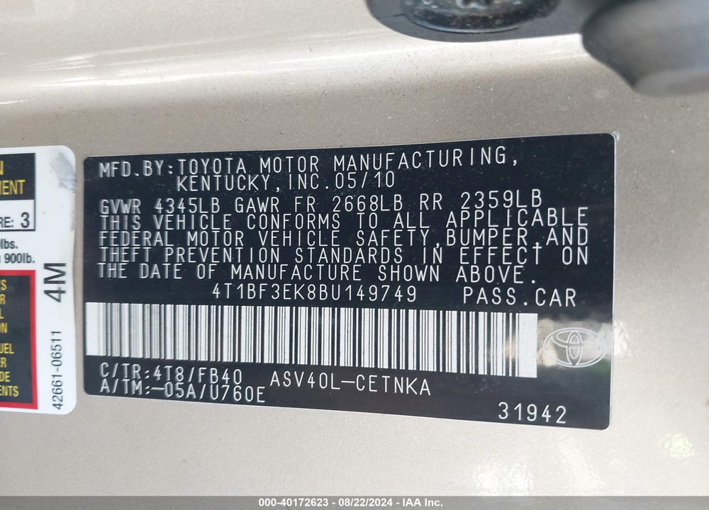 2011 TOYOTA CAMRY LE VIN: 4T1BF3EK8BU149749