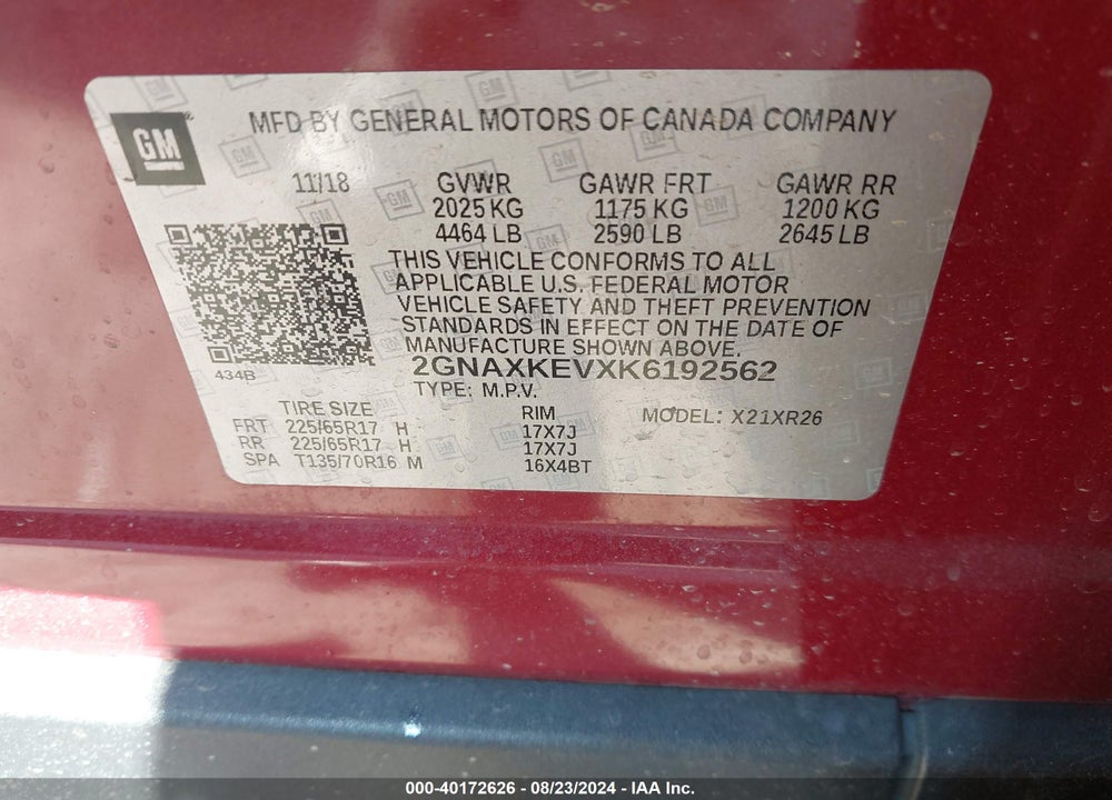 2019 CHEVROLET EQUINOX LT VIN: 2GNAXKEVXK6192562