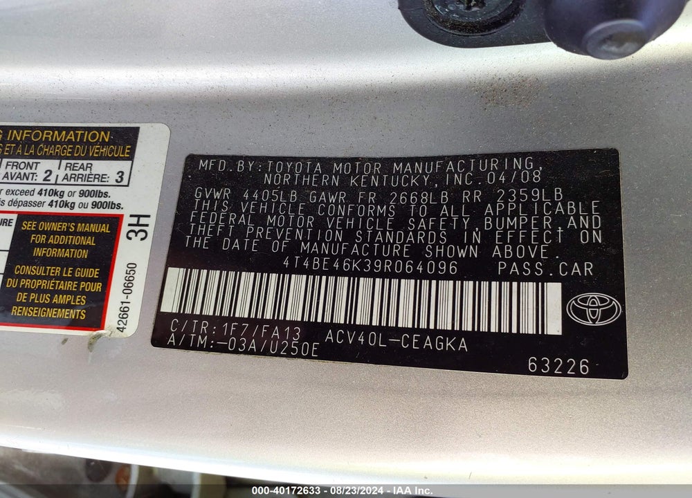 2009 TOYOTA CAMRY XLE VIN: 4T4BE46K39R064096