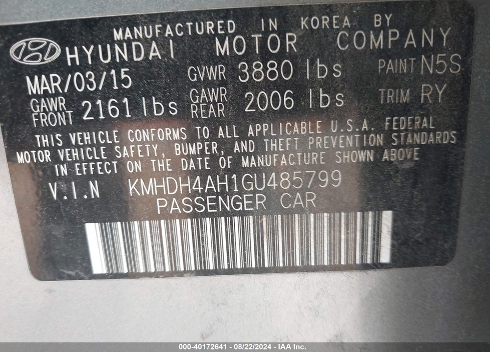 2016 HYUNDAI ELANTRA SPORT VIN: KMHDH4AH1GU485799