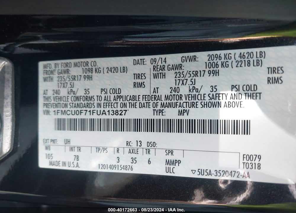 2015 FORD ESCAPE S VIN: 1FMCU0F71FUA13827