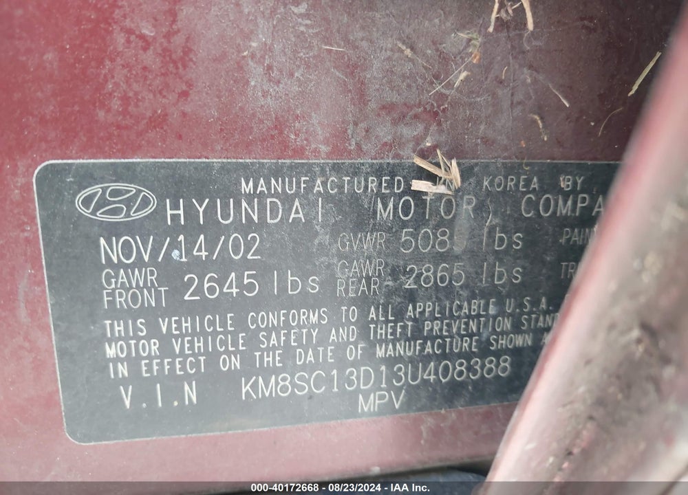 2003 HYUNDAI SANTA FE GLS/LX VIN: KM8SC13D13U408388