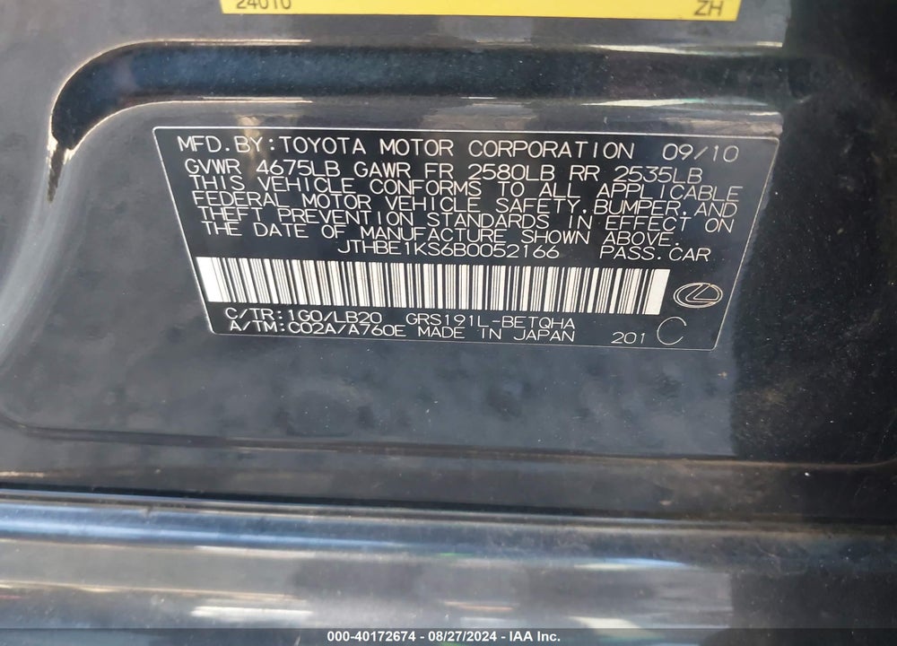 2011 LEXUS GS 350 VIN: JTHBE1KS6B0052166