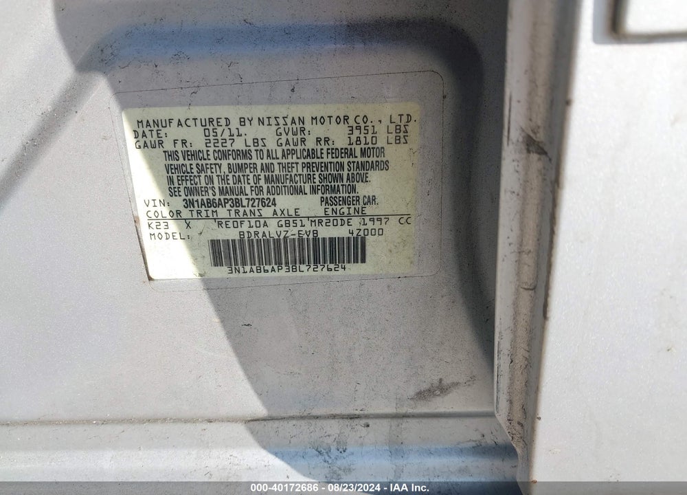 2011 NISSAN SENTRA 2.0/2.0S/SR/2.0SL VIN: 3N1AB6AP3BL727624