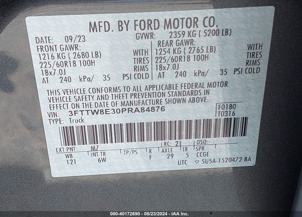 2023 FORD MAVERICK LARIAT VIN: 3FTTW8E30PRA84876