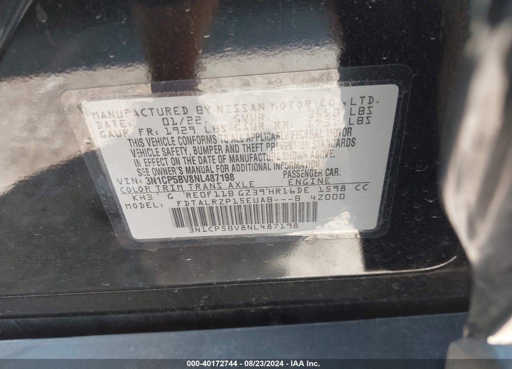 2022 NISSAN KICKS S XTRONIC CVT VIN: 3N1CP5BV8NL487198