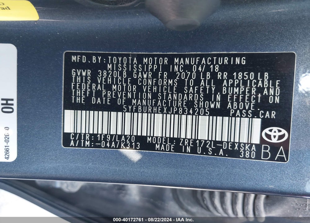 2018 TOYOTA COROLLA XSE VIN: 5YFBURHEXJP834205
