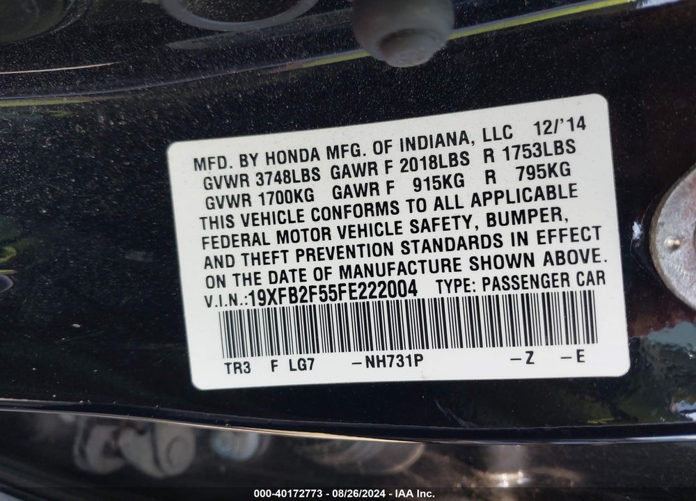2015 HONDA CIVIC LX VIN: 19XFB2F55FE222004